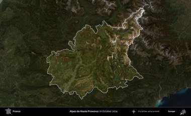 Alpes-de-Haute-Provence. Fransa 'nın idari alanı, Ekim 2024' te çekilen Kopernik Nöbetçi karolarından oluşan koyu renkli bir uydu görüntüsü üzerinde vurgulandı ve özetlendi.