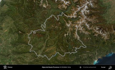 Alpes-de-Haute-Provence. Copernicus Sentinel 'in Ekim 2024' te çekilen uydu görüntüsünde Fransa 'nın idari bölgesinin ana hatlarını çizdim.
