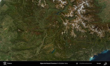 Alpes-de-Haute-Provence. Copernicus Sentinel 'in Ekim 2024' te çekilmiş uydu görüntüsü üzerine Fransa 'nın idari bölgesi.