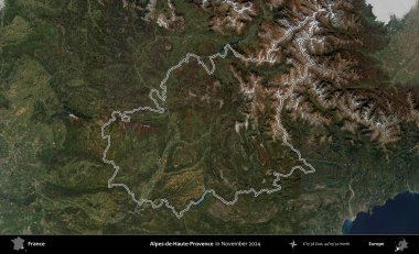 Alpes-de-Haute-Provence. Copernicus Sentinel 'in Kasım 2024' te çekilen uydu görüntüsünde Fransa 'nın idari bölgesinin ana hatlarını çizdim.