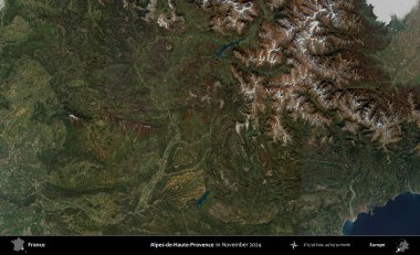 Alpes-de-Haute-Provence. Copernicus Sentinel 'in Kasım 2024' te çekilmiş uydu görüntüsü üzerine Fransa 'nın idari bölgesi.