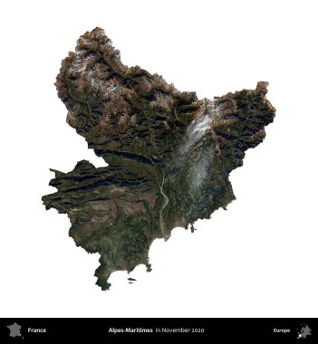Alpes-Maritimes. Fransa 'nın idari bölgesi, Kasım 2020' de çekilen Kopernik Nöbetçi karolarından oluşan bir uydu görüntüsü üzerinde beyaza izole edildi.