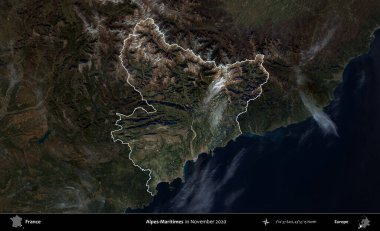 Alpes-Maritimes. Fransa 'nın idari alanı, Kopernik Sentinel' in Kasım 2020 'de çekilmiş koyu renkli bir uydu görüntüsüyle vurgulandı ve özetlendi.