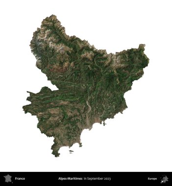 Alpes-Maritimes. Fransa 'nın idari bölgesi, Eylül 2023' te çekilen Kopernik Nöbetçi karolarından oluşan bir uydu görüntüsü üzerinde beyaza izole edildi.