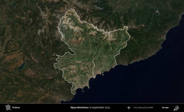 Alpes-Maritimes. Fransa 'nın idari alanı, Eylül 2023' te çekilen Kopernik Nöbetçi karolarından oluşan koyu renkli bir uydu görüntüsü üzerinde vurgulandı ve özetlendi.