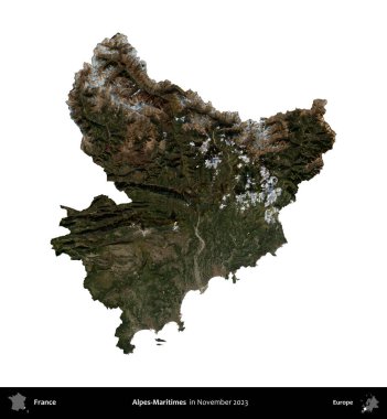 Alpes-Maritimes. Fransa 'nın idari bölgesi, Kasım 2023' te çekilen Kopernik Nöbetçi Fayanslarından oluşan bir uydu görüntüsüyle beyaza izole edildi.