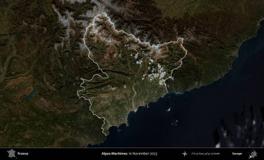 Alpes-Maritimes. Fransa 'nın idari alanı, Kasım 2023' te çekilen Kopernik Nöbetçi karolarından oluşan koyu renkli bir uydu görüntüsü üzerinde vurgulandı ve özetlendi.