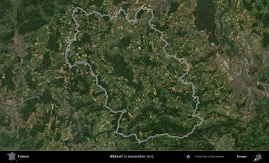 Altkirch. Eylül 2023 'te çekilen Copernicus Sentinel karolarından oluşan bir uydu görüntüsünde Fransa' nın idari bölgesinin ana hatlarını çizdim.