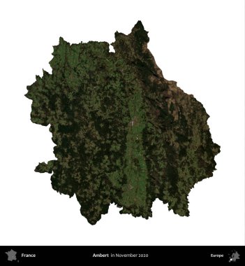 Ambert. Fransa 'nın idari bölgesi, Kasım 2020' de çekilen Kopernik Nöbetçi karolarından oluşan bir uydu görüntüsü üzerinde beyaza izole edildi.