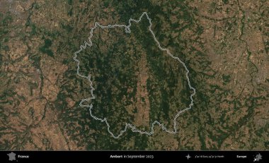 Ambert. Eylül 2023 'te çekilen Copernicus Sentinel karolarından oluşan bir uydu görüntüsünde Fransa' nın idari bölgesinin ana hatlarını çizdim.