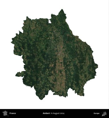 Ambert. Fransa 'nın idari bölgesi, Ağustos 2024' te çekilen Kopernik Nöbetçi karolarından oluşan bir uydu görüntüsüyle beyaza izole edildi.