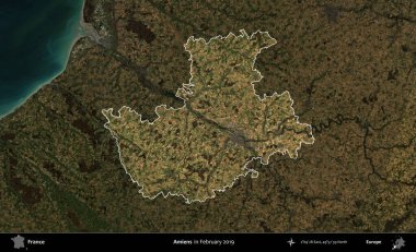 Amiens. Fransa 'nın idari alanı, Şubat 2019' da çekilen Kopernik Sentinel karolarından oluşan koyu renkli bir uydu görüntüsü üzerinde vurgulandı ve özetlendi.