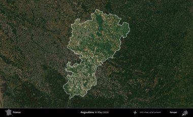 Angoume. Fransa 'nın idari alanı, Mayıs 2020' de çekilen Kopernik Nöbetçi karolarından oluşan koyu renkli bir uydu görüntüsü üzerinde vurgulandı ve özetlendi.