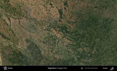 Angoume. Copernicus Sentinel 'in Ağustos 2023' te çekilmiş uydu görüntüsü üzerine Fransa 'nın idari bölgesi.