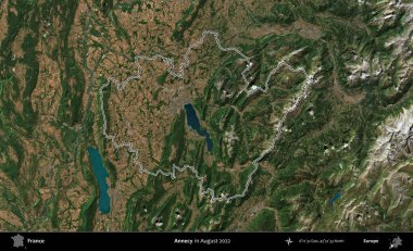 Annecy. Copernicus Sentinel 'in Ağustos 2022' de çekilen uydu görüntüsünde Fransa 'nın idari bölgesinin ana hatları belirlendi.