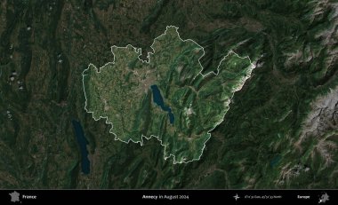 Annecy. Fransa 'nın idari alanı, Ağustos 2024' te çekilen Kopernik Sentinel karolarından oluşan koyu renkli bir uydu görüntüsü üzerinde vurgulandı ve özetlendi.