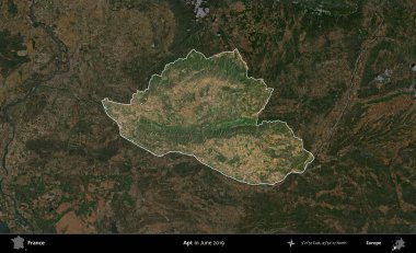 Bir daire. Fransa 'nın idari alanı, Haziran 2019' da çekilen Kopernik Sentinel karolarından oluşan koyu renkli bir uydu görüntüsü üzerinde vurgulandı ve özetlendi.