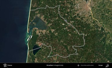 Arcachon. Copernicus Sentinel 'in Ağustos 2019' da çekilen uydu görüntüsünde Fransa 'nın idari bölgesinin ana hatları belirlendi.