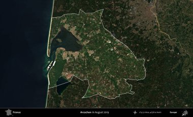 Arcachon. Fransa 'nın idari alanı, Ağustos 2019' da çekilen Kopernik Nöbetçi karolarından oluşan koyu renkli bir uydu görüntüsü üzerinde vurgulandı ve özetlendi.