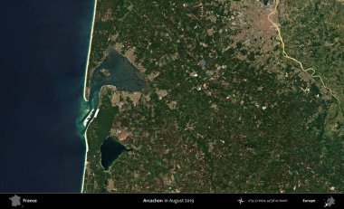 Arcachon. Copernicus Sentinel 'in Ağustos 2019' da çekilmiş uydu görüntüsü üzerine Fransa 'nın idari bölgesi.
