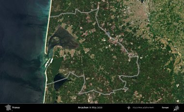 Arcachon. Mayıs 2020 'de çekilen Copernicus Sentinel karolarından oluşan bir uydu görüntüsünde Fransa' nın idari bölgesinin ana hatları belirlendi.