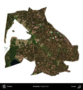 Arcachon. Fransa 'nın idari bölgesi, Nisan 2021' de çekilen Kopernik Nöbetçi karolarından oluşan bir uydu görüntüsü ile beyaza izole edildi.