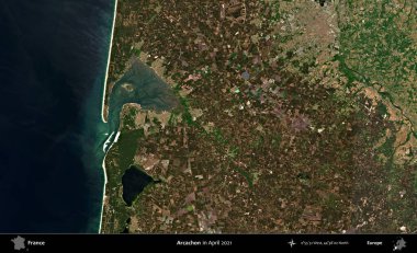 Arcachon. Copernicus Sentinel 'in Nisan 2021' de çekilmiş uydu görüntüsü üzerine Fransa 'nın idari bölgesi.
