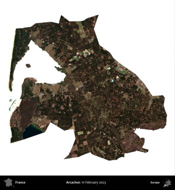 Arcachon. Fransa 'nın idari bölgesi, Şubat 2023' te çekilen Kopernik Nöbetçi karolarından oluşan bir uydu görüntüsüyle beyaza izole edildi.