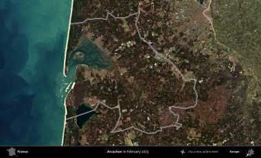 Arcachon. Copernicus Sentinel 'in Şubat 2023' te çekilen uydu görüntüsünde Fransa 'nın idari bölgesinin ana hatları belirlendi.