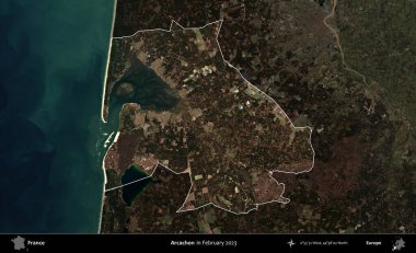 Arcachon. Fransa 'nın idari alanı, Şubat 2023' te çekilen Kopernik Nöbetçi karolarından oluşan koyu renkli bir uydu görüntüsü üzerinde vurgulandı ve özetlendi.