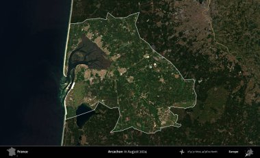Arcachon. Fransa 'nın idari alanı, Ağustos 2024' te çekilen Kopernik Sentinel karolarından oluşan koyu renkli bir uydu görüntüsü üzerinde vurgulandı ve özetlendi.