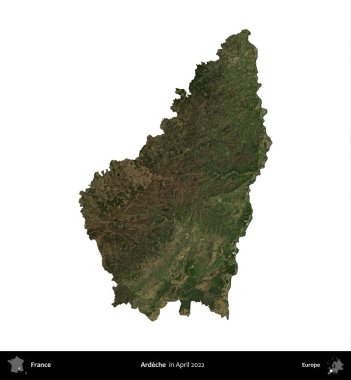 Ardeche. Fransa 'nın idari bölgesi, Nisan 2022' de çekilen Kopernik Nöbetçi karolarından oluşan bir uydu görüntüsüyle beyaza izole edildi.
