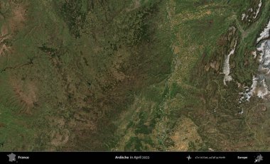 Ardeche. Copernicus Sentinel 'in Nisan 2022' de çekilmiş uydu görüntüsü üzerine Fransa 'nın idari bölgesi.