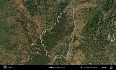 Ardeche. Copernicus Sentinel 'in Ağustos 2023' te çekilen uydu görüntüsünde Fransa 'nın idari bölgesinin ana hatları belirlendi.