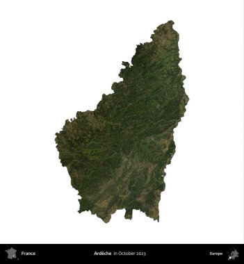 Ardeche. Fransa 'nın idari bölgesi, Ekim 2023' te çekilen Kopernik Nöbetçi karolarından oluşan bir uydu görüntüsüyle beyaza izole edildi.