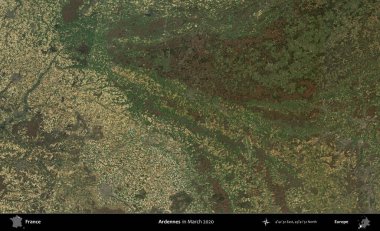 Ardennes. Copernicus Sentinel 'in Mart 2020' de çekilmiş uydu görüntüsü üzerine Fransa 'nın idari bölgesi.
