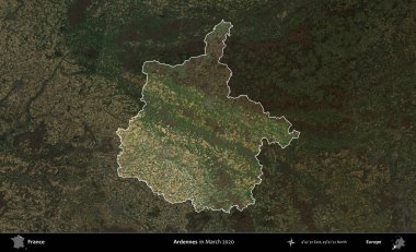 Ardennes. Fransa 'nın idari alanı, Mart 2020' de çekilen Kopernik Nöbetçi karolarından oluşan koyu renkli bir uydu görüntüsü üzerinde vurgulandı ve özetlendi.