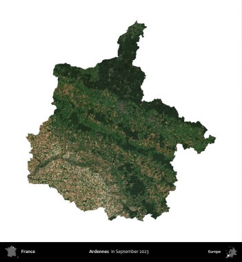 Ardennes. Fransa 'nın idari bölgesi, Eylül 2023' te çekilen Kopernik Nöbetçi karolarından oluşan bir uydu görüntüsü üzerinde beyaza izole edildi.