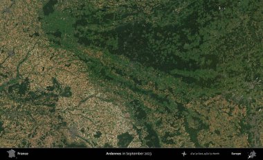 Ardennes. Copernicus Sentinel 'in Eylül 2023' te çekilmiş uydu görüntüsü üzerine Fransa 'nın idari bölgesi.