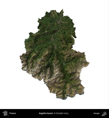 Argeles-Gazost. Fransa 'nın idari bölgesi, Ekim 2023' te çekilen Kopernik Nöbetçi karolarından oluşan bir uydu görüntüsüyle beyaza izole edildi.