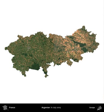 Arjantinli. Fransa 'nın idari bölgesi, Temmuz 2019' da çekilen Kopernik Nöbetçi karolarından oluşan uydu görüntüsüyle beyaza izole edildi.