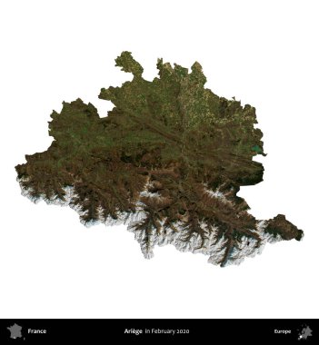 Ariege. Fransa 'nın idari bölgesi, Şubat 2020' de çekilen Kopernik Nöbetçi karolarından oluşan bir uydu görüntüsüyle beyaza izole edildi.