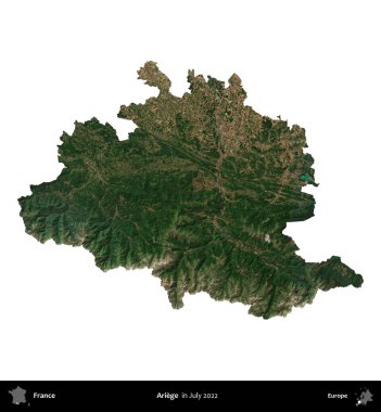 Ariege. Fransa 'nın idari bölgesi, Temmuz 2022' de çekilen Kopernik Nöbetçi karolarından oluşan bir uydu görüntüsüyle beyaza izole edildi.
