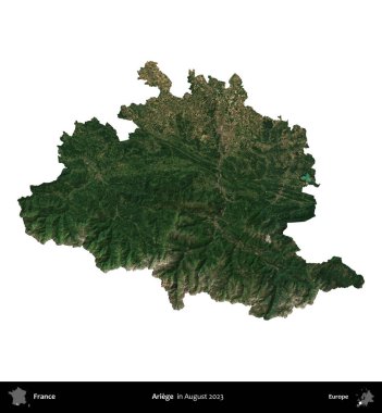 Ariege. Fransa 'nın idari bölgesi, Ağustos 2023' te çekilen Kopernik Nöbetçi karolarından oluşan bir uydu görüntüsüyle beyaza izole edildi.