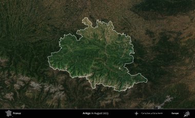 Ariege. Fransa 'nın idari alanı, Ağustos 2023' te çekilen Kopernik Nöbetçi karolarından oluşan koyu renkli bir uydu görüntüsüyle vurgulandı ve özetlendi.