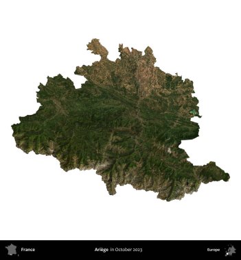 Ariege. Fransa 'nın idari bölgesi, Ekim 2023' te çekilen Kopernik Nöbetçi karolarından oluşan bir uydu görüntüsüyle beyaza izole edildi.