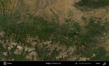 Ariege. Copernicus Sentinel 'in Ekim 2023' te çekilmiş uydu görüntüsü üzerine Fransa 'nın idari bölgesi.