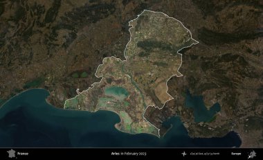 Arles. Fransa 'nın idari alanı, Şubat 2023' te çekilen Kopernik Nöbetçi karolarından oluşan koyu renkli bir uydu görüntüsü üzerinde vurgulandı ve özetlendi.
