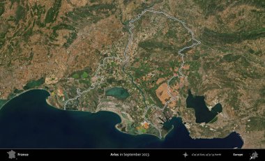 Arles. Eylül 2023 'te çekilen Copernicus Sentinel karolarından oluşan bir uydu görüntüsünde Fransa' nın idari bölgesinin ana hatlarını çizdim.