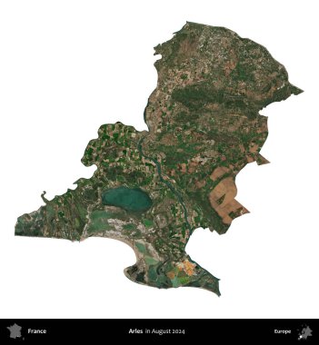 Arles. Fransa 'nın idari bölgesi, Ağustos 2024' te çekilen Kopernik Nöbetçi karolarından oluşan bir uydu görüntüsüyle beyaza izole edildi.